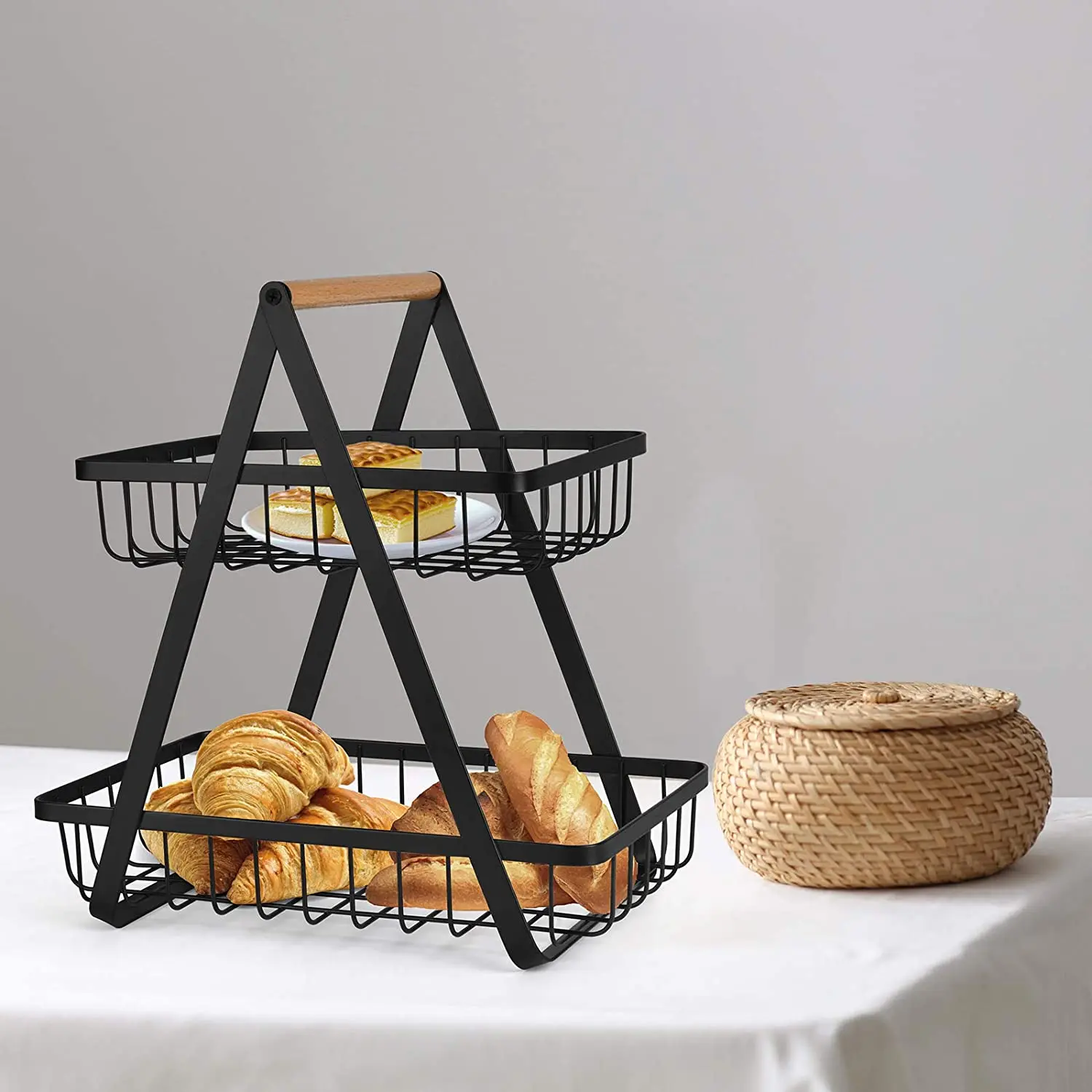 PF-FB020 2-Tier Countertop Fruit Basket Fruit Bowl Bread Basket Vegetable Holder for Kitchen Storage, Black