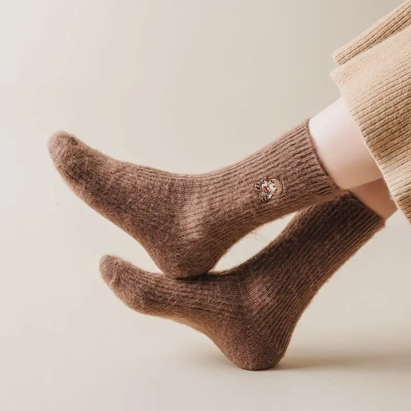 Wool socks women winter autumn pure color school style girl soft women socks wool embroidery socks for women