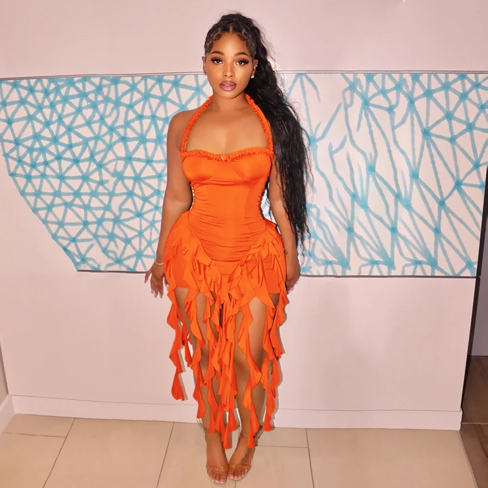 OJW071442 Sexy summer fringed tassel mini halter dresses designer short backless dress