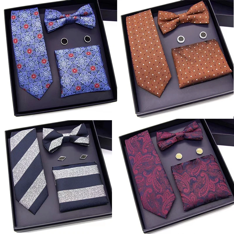 Custom classic formal 100% polyester cufflinks neck tie handkerchief and bow tie gift box set for men