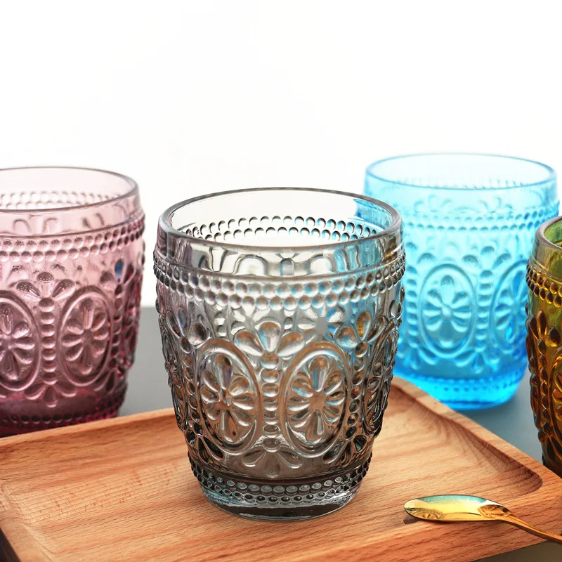 European Style Glass Creative Retro Embossed Pattern Color Crystal Water Cup Breakfast Milk