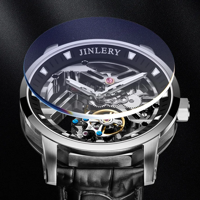 JINLERY Mechanical Tourbillon movement Watch Skeleton Design Leather Strap Waterproof Mechanical Tourbillon Watch for men