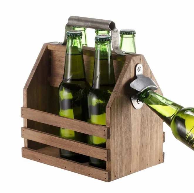 Customized high quality wooden beer bottle carrier with opener