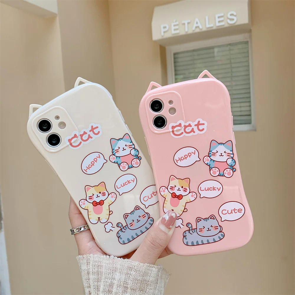Kawaii Pink 3D Cat Ear Cartoon Animals Soft Silicone Printing Mobile Cover Phone Case For iphone 11 12 13 Xs Xr 7 8