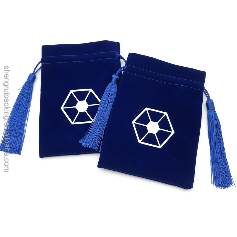Blue Velvet Bag With Tassel Drawstring Velvet Storage Bag for Dice Velvet Mirror Cosmetic Pouch