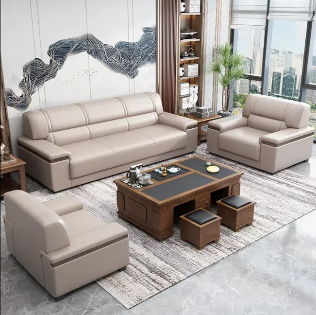 Top Fashion factory high quality LOGO custom leather reception set tea table combina Office sofa