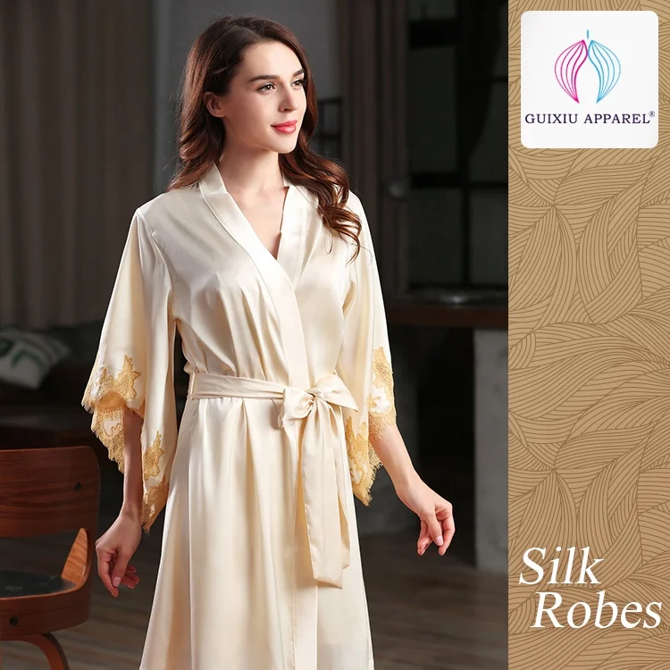 Super light golden soft ladies satin dressing gown women sleepwear satin silk robe