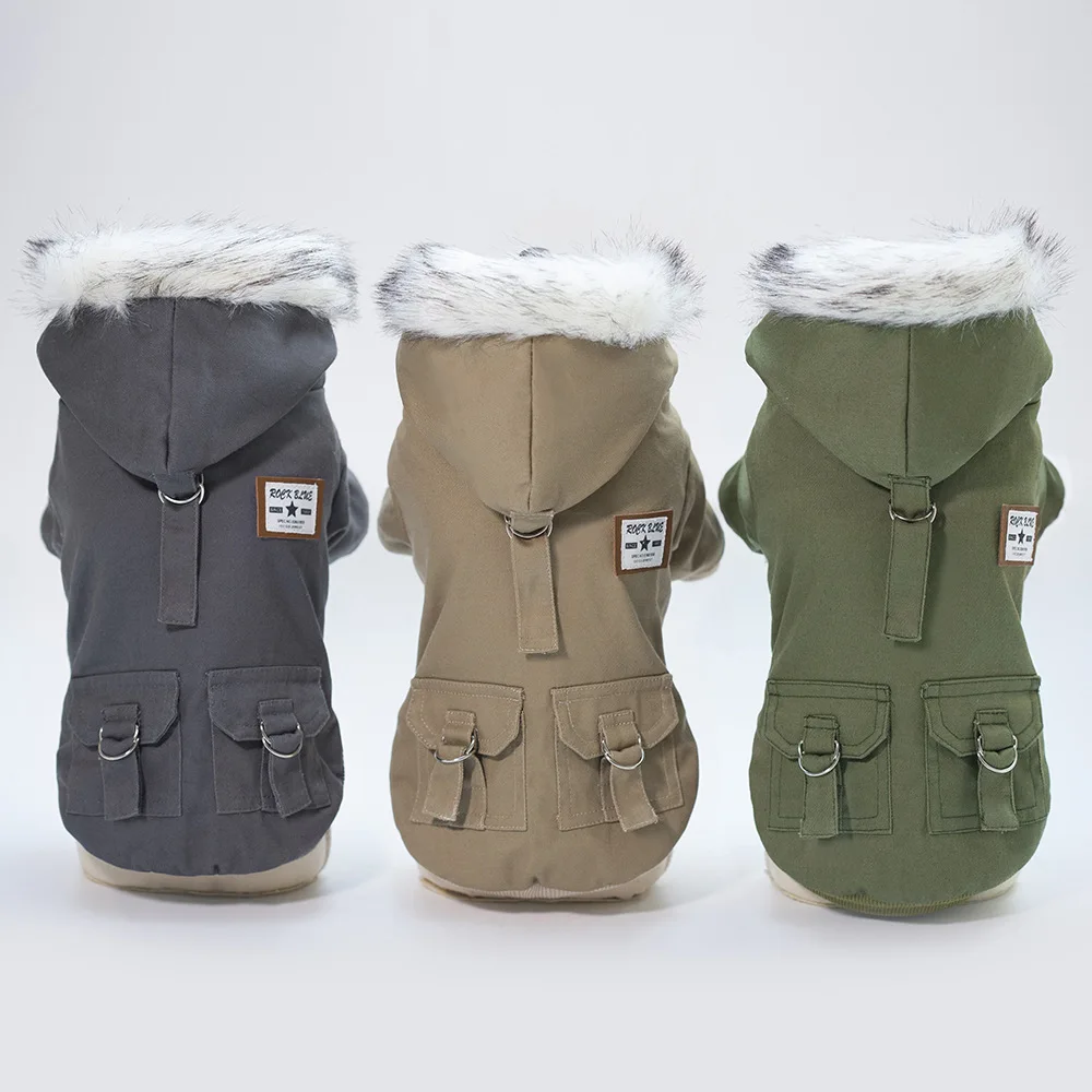 JXANRY Dog Jacket Autumn/Winter Pet Casual Clothes Warm Fur Collar Dog Two Feet Padded Coat