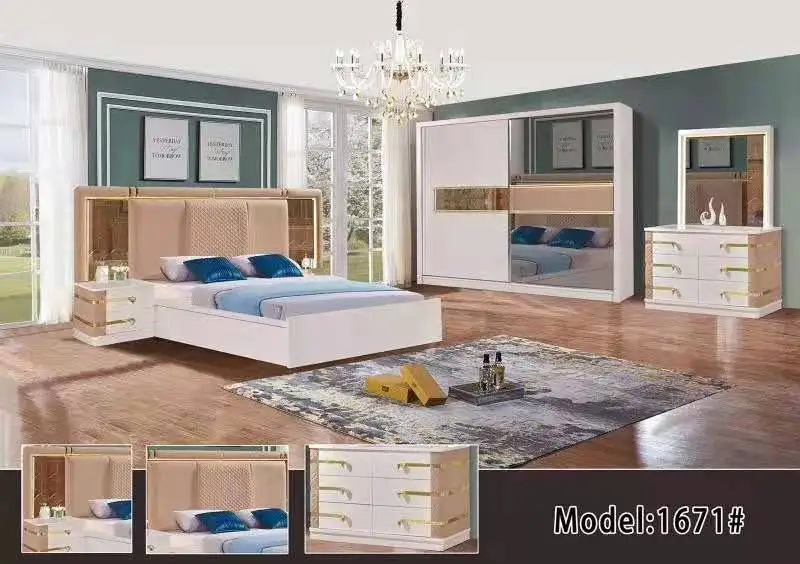 African glass mirrored elegant complete Bedroom Sets Luxury King Size LED lighted turkish bedroom furniture set 5pcs