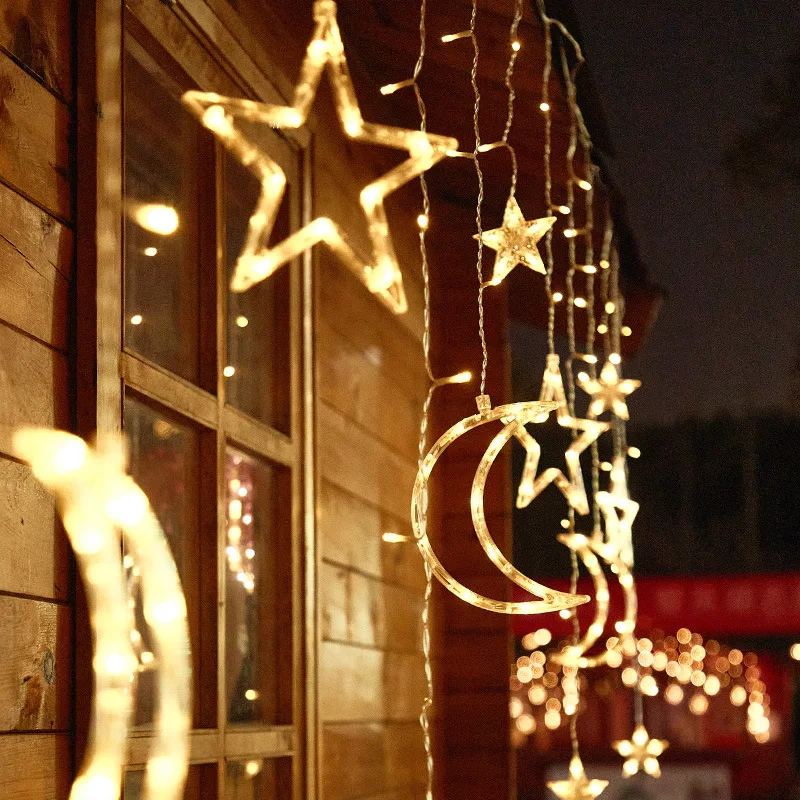 2022 Amazon 3.5M Solar Powered Christmas LED Curtain Lights 138LED Fairy Lights 8 Modes Outdoor Star String Light For Wedding