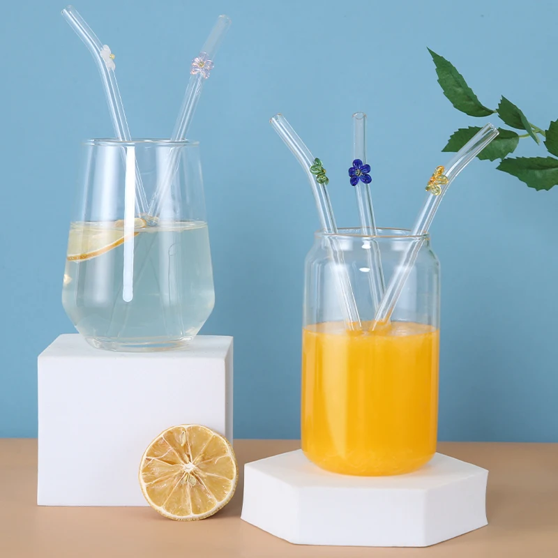 Handmade high Borosilicate Food safe Glass Reusable flower Straws flower tube animal straws glass straw Drinkware Accessories