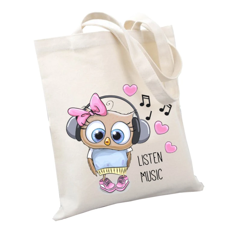 Wholesale Portable Grocery Bag Reusable Foldable Canvas  Shopping Tote Bag with Custom Printed Logo Pink Cartoon