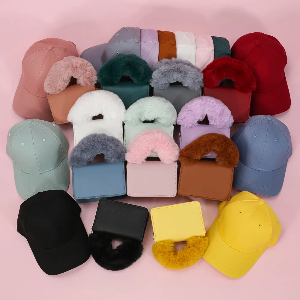 2022 Trending Products Fluffy Plush Fur Bag and Hat Two Piece Set Trendy Mini Bags Women Handbags Ladies PU Luxury Purses