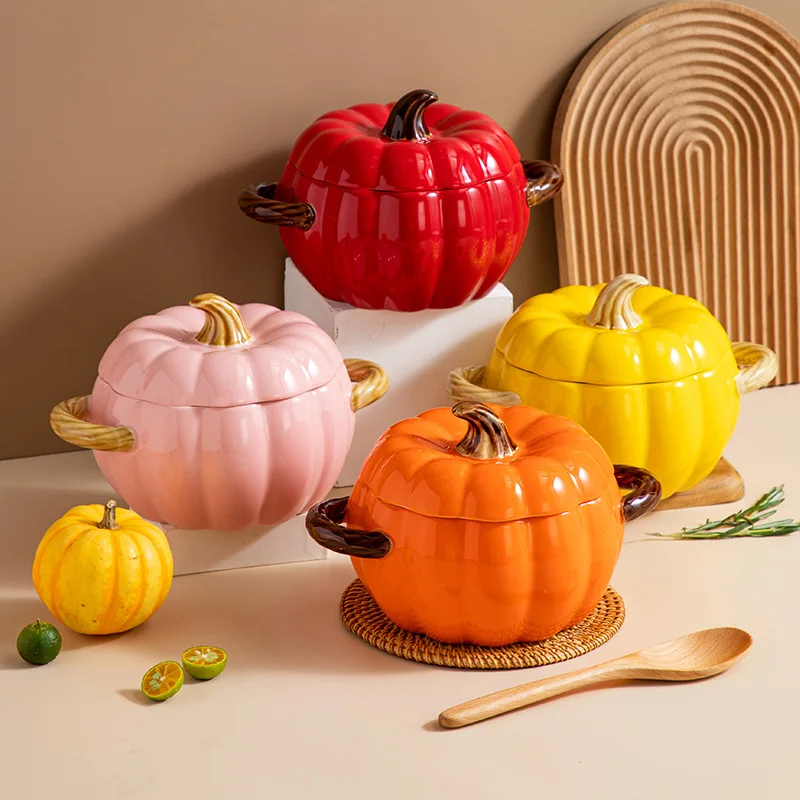 Creative Ceramic Soup Pot with Double Ear and Large Soup Bowl High-Value Home Dinnerware Pumpkin Color Lid Included