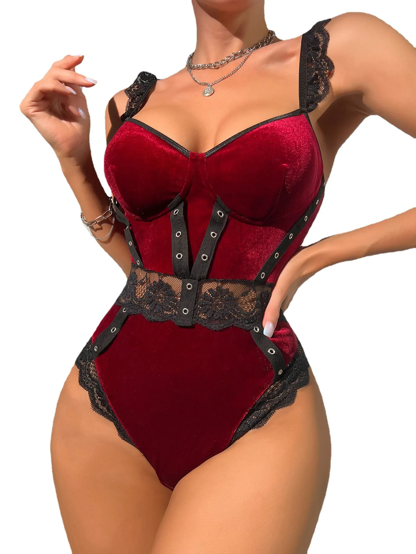 Wholesaler Velvet Lace Suspender Plunge Bodysuit Women Scallop Trim Push Up Underwear Sexy Club Wear Lingerie 2024