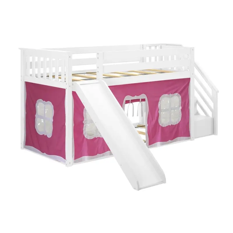 Ladder and Curtain Pine Wood Loft Bed Girls Boys Children Bunk Beds with slide