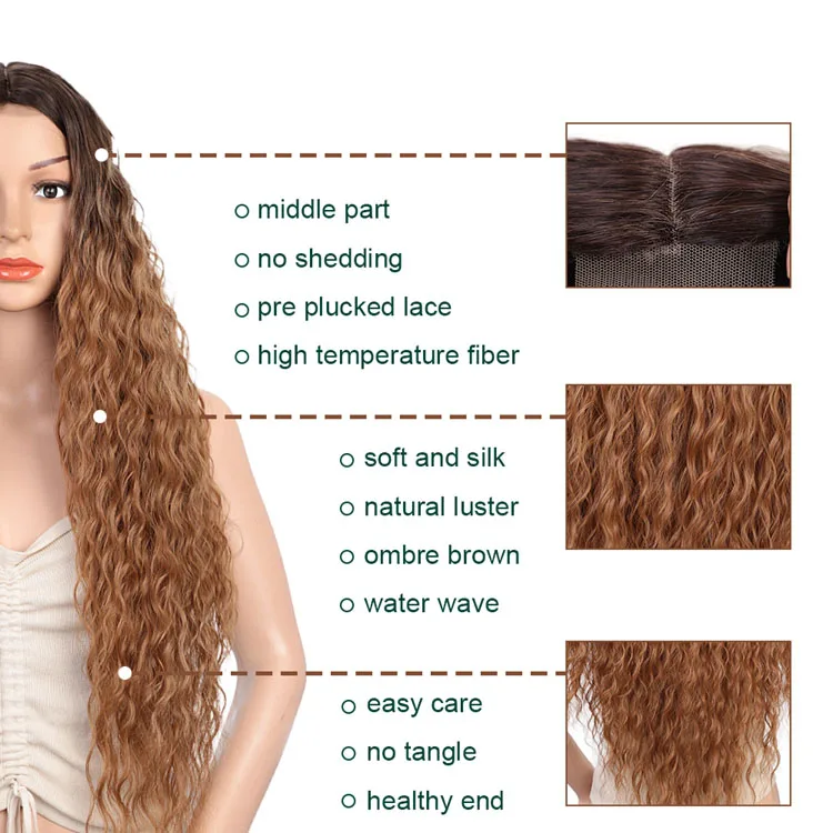 High Quality Hot Sale Cheap Nature Ombre Brown Long  Extension Wig Front Lace Kinky Curly Wave Synthetic Hair Wigs  Braiding