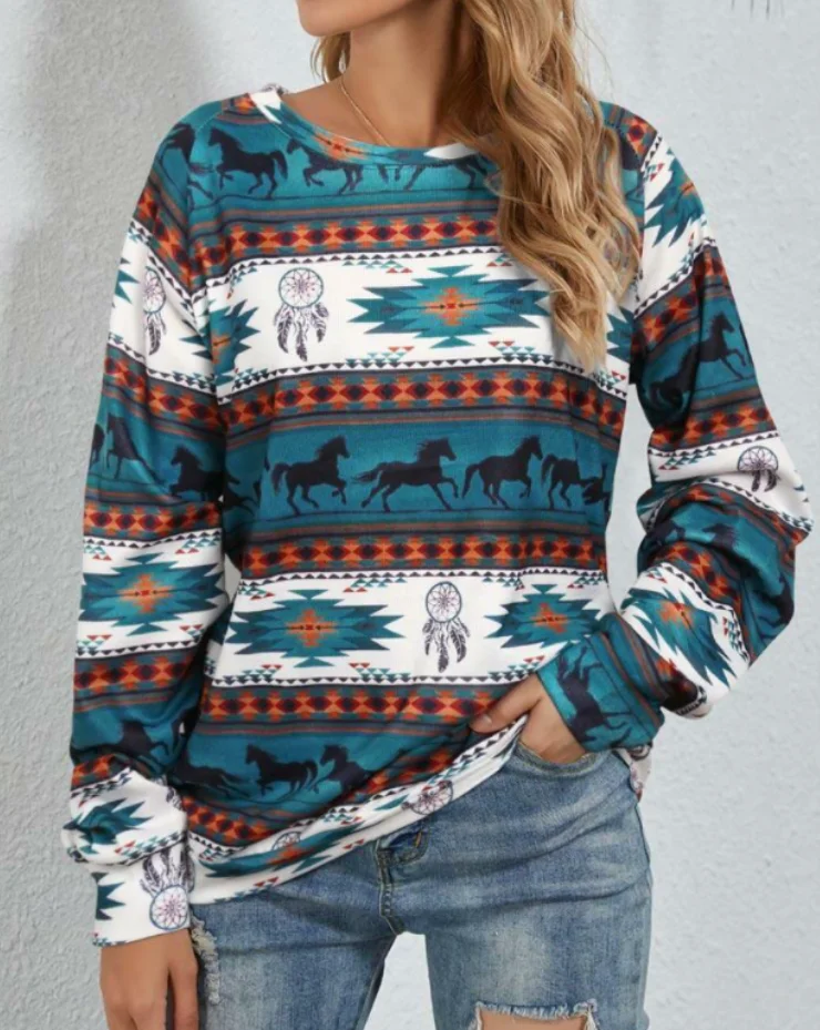 Women Casual Geometric Tribal Aztec Horse Sweatshirt