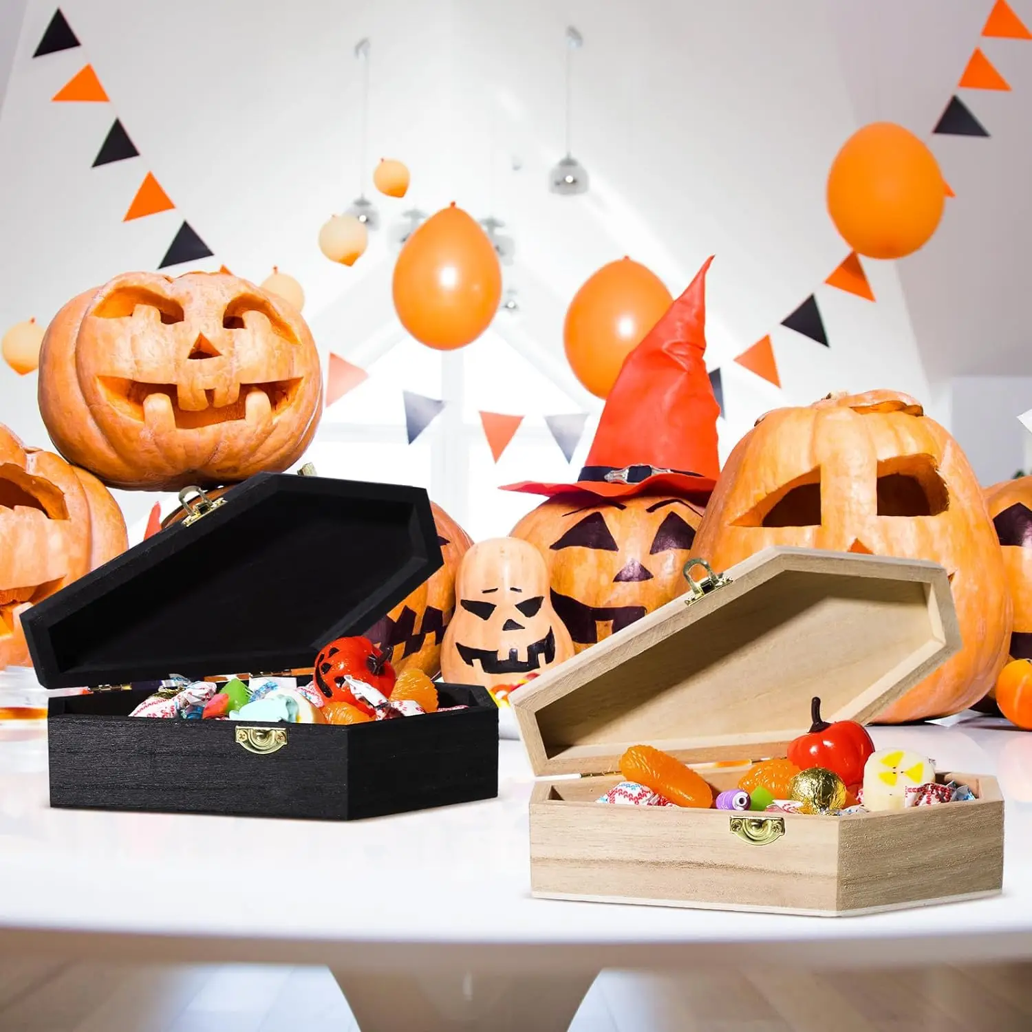 Pack of 4 Unfinished Halloween Wooden Coffin Shape Box with Hinged Lid for Snack Gifts Decorative Jewelry Basket Coffin