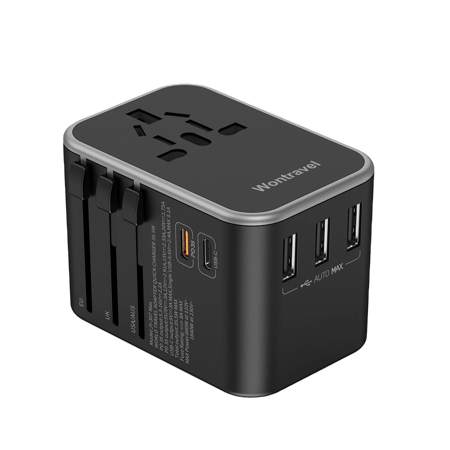 Wontravel Newest 35.5W  PD Eu Uk World Travel Adapter Type C International Portable Universal Travel Adapter All in One