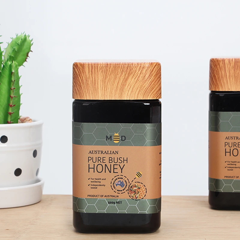 Hot New Products Square Medicine Container Food Grade Black Amber Pill Jar 500G Bamboo Cap PET Plastic Honey Jar