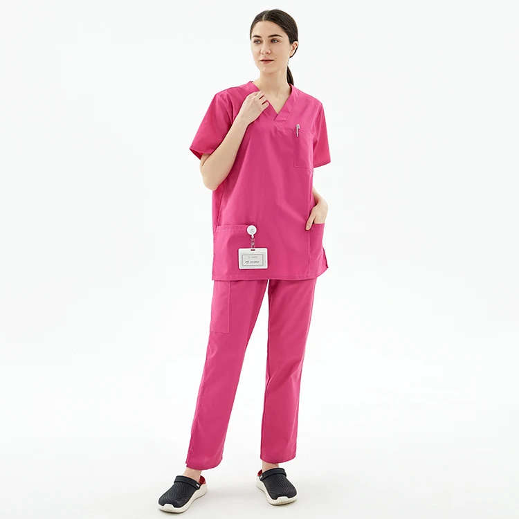 Popular medical hospital v neck stylish pocket short sleeve classic scrubs suit high quality of TRS with Stretchable