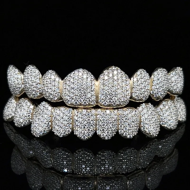 Алмазные зубья для верхних и нижних зубов в стиле хип-хоп 10 к 14 18 К золото 925 пробы