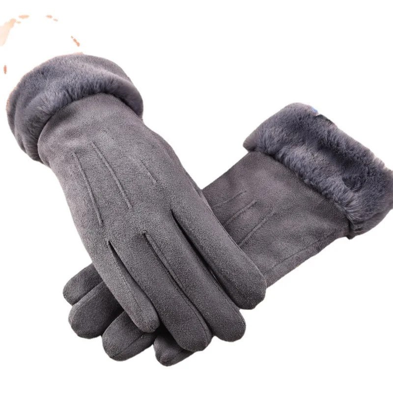 Перчатки женские с меховым горлом, зимние плюшевые утепленные теплые перчатки с тремя нитями для улицы, езды на велосипеде, корейские милые студенческие замшевые сенсорные перчатки