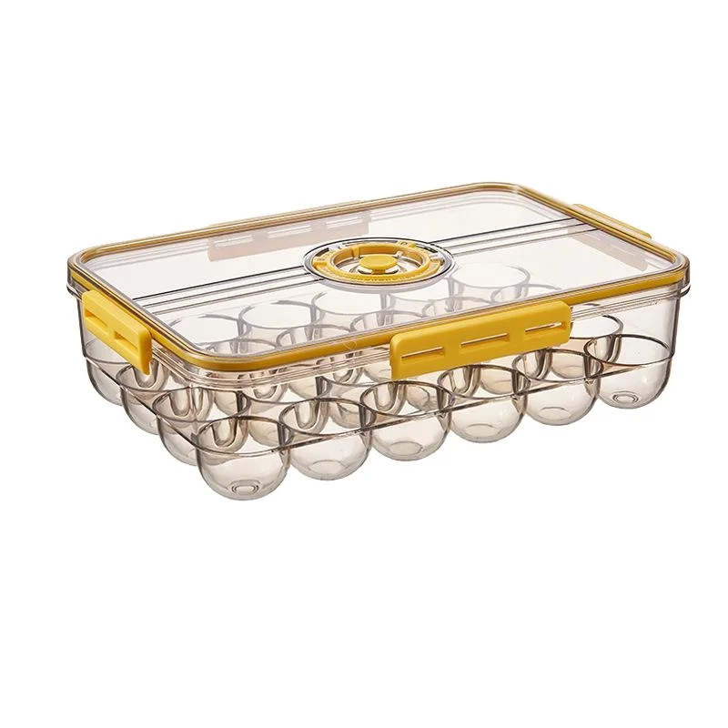 Quality Yellow plastic transparent egg holder storage egg kitchen storage box for refrigerator rolling egg storage container