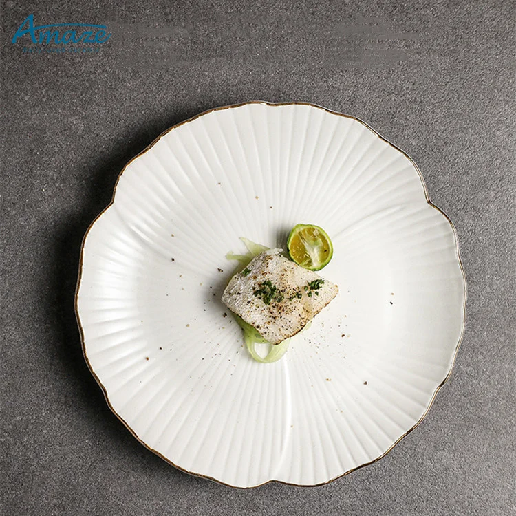 Hotel Restaurant Used Custom logo Luxury Plate Set Dinnerware Ceramic Dinner Dessert Serving Plate with Gold Rim