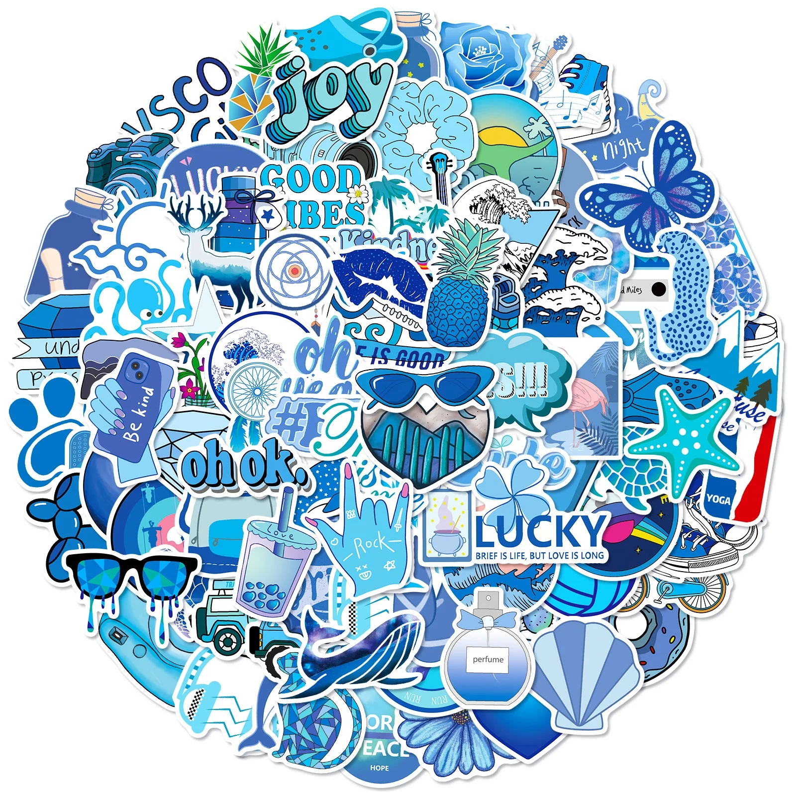50pcs Blue Cute Stickers, Waterproof for Laptops,  bottles,  Luggage, Cars,  Gift Favors & Decor, T01040670
