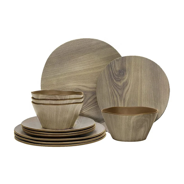 Dishwasher Safe BPA Free Unbreakable Indoor and Outdoor Use Wood Grain 12 PCS Melamine Dinnerware Set
