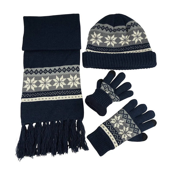 
Winter Warm Fleece Lining Bulky Cable Knit Snowflake Design Hat Scarf Gloves 3PC Set 