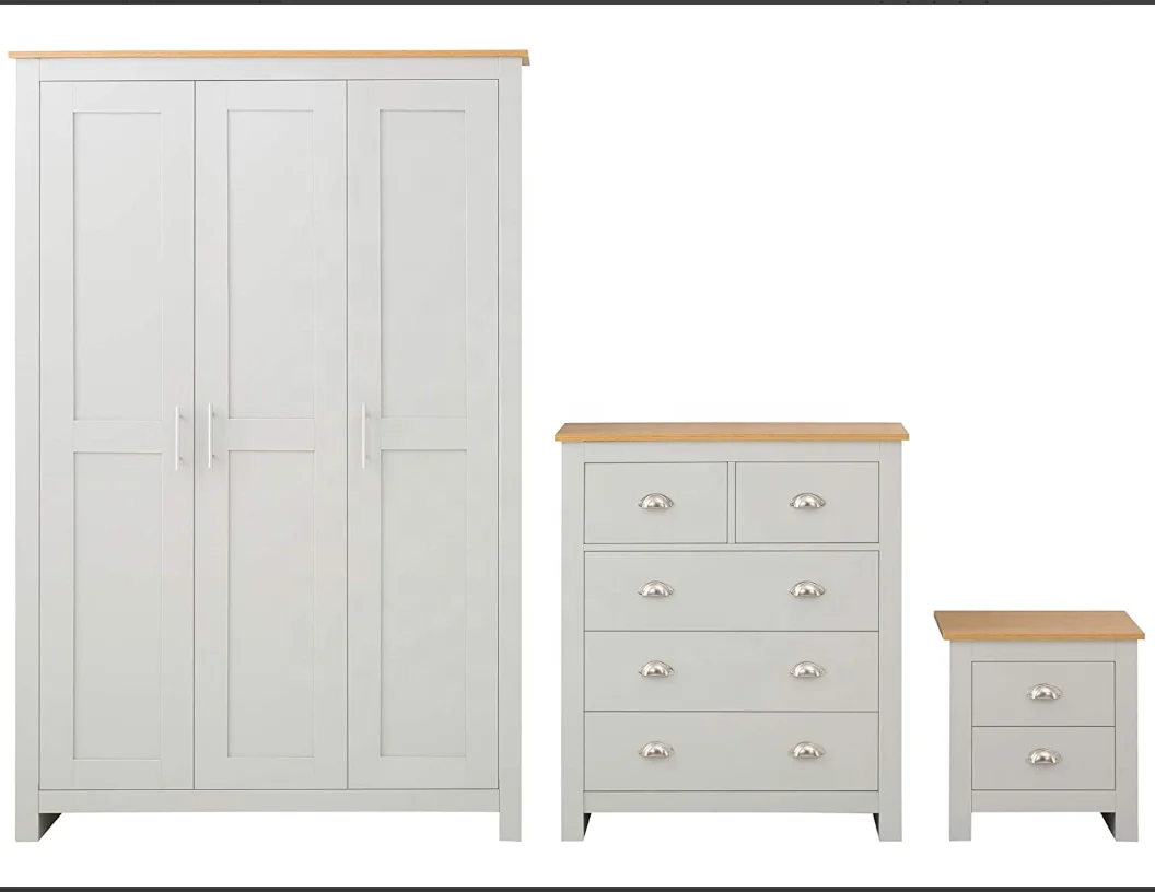 GREY with Oak 3 Piece Bedroom Furniture Set Chest Bedside 3 door wardrobe set Soft Close Wardrobe