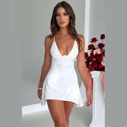 Sexy Outfits Pleat V Neck Womens Dresses Backless Criss-cross Padded Double Layer Satin Mini A Line Club Dresses