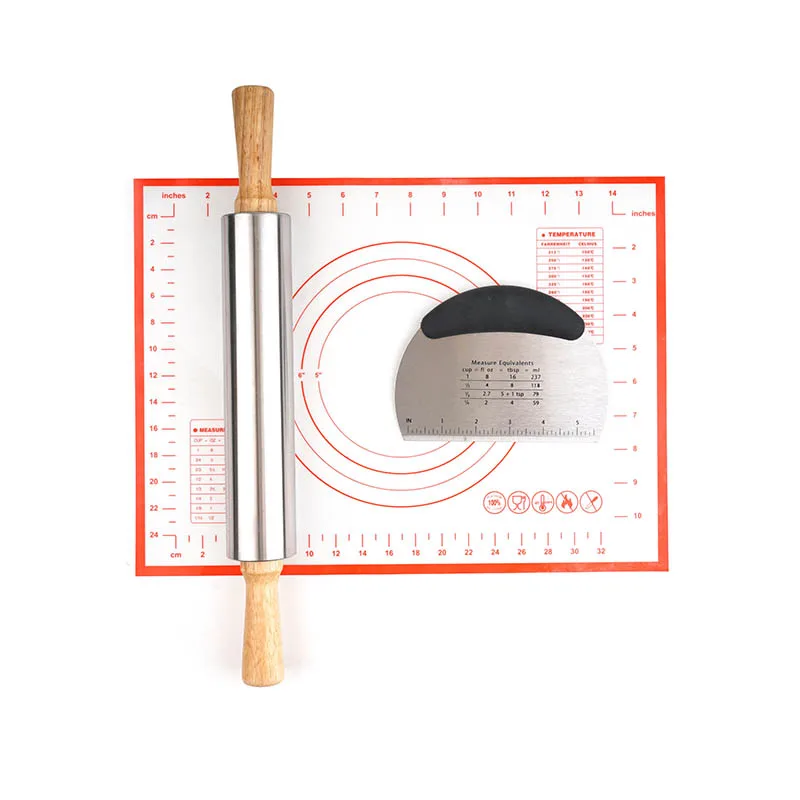 Non Stick Wood Sides Stainless Steel Kitchenware Set Rolling Pin Dough Mat Dough Cutter Roller Pin Baking Bakery Bakeware