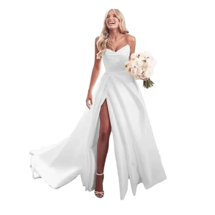 Strapless Prom Dresses Long Ball Gown Satin Wedding Dress for Bride A Line Formal Evening Party Gowns with Slit