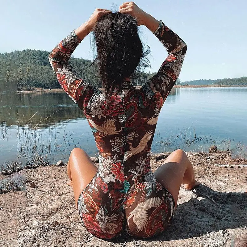 
X00119D printed cuff with brown temperament long sleeves jumpsuit 