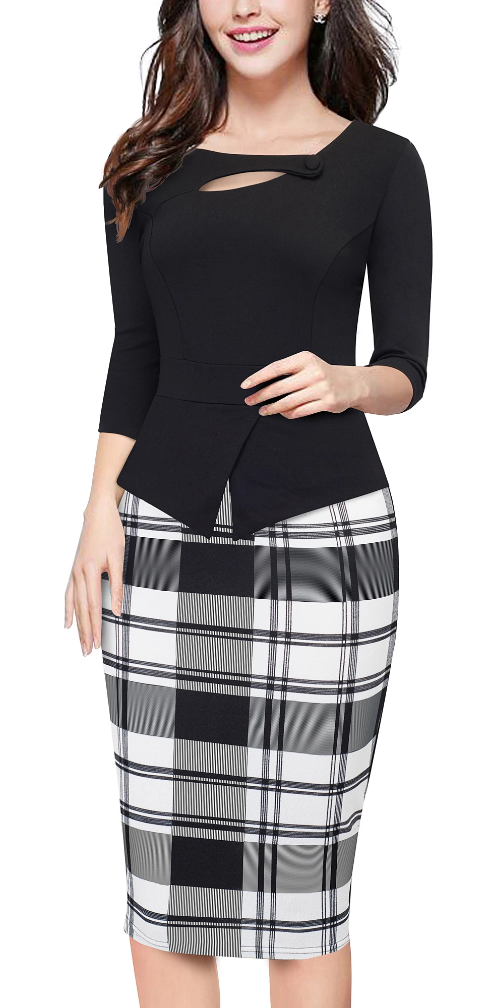 
Womens Scoop Neck 3/4 long Sleeve Floral solid Bodycon Church Elegant Chic Formal Business Work Office Midi Sheath Pencil Dress 