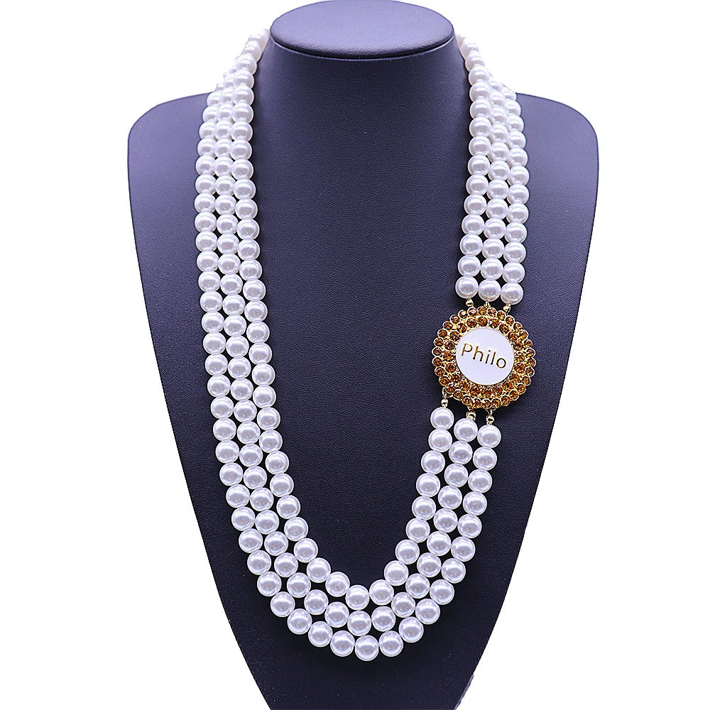 Premium Quality 3 Layered Peal Beaded Chain Making Sigma Gamma Rho Philo Symbol Statement Sorority Ladies Jewelry Necklace