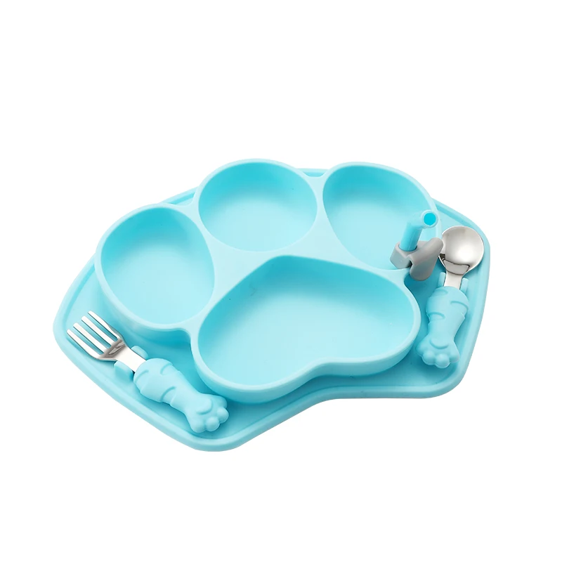 Wholesale Cute Paw Shaped BPA Free Custom Logo Kids Baby Feeding Set Silicone Suction Plate Cutlery Fork Spoon Set For Toddlers