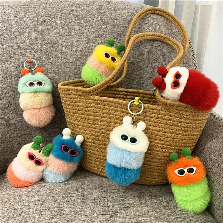 Fancy Caterpillar Keychain Rabbit Fur Caterpillar pom Pom animal Key chains with Sunglasses and Winter Knit Hat stuffed toy