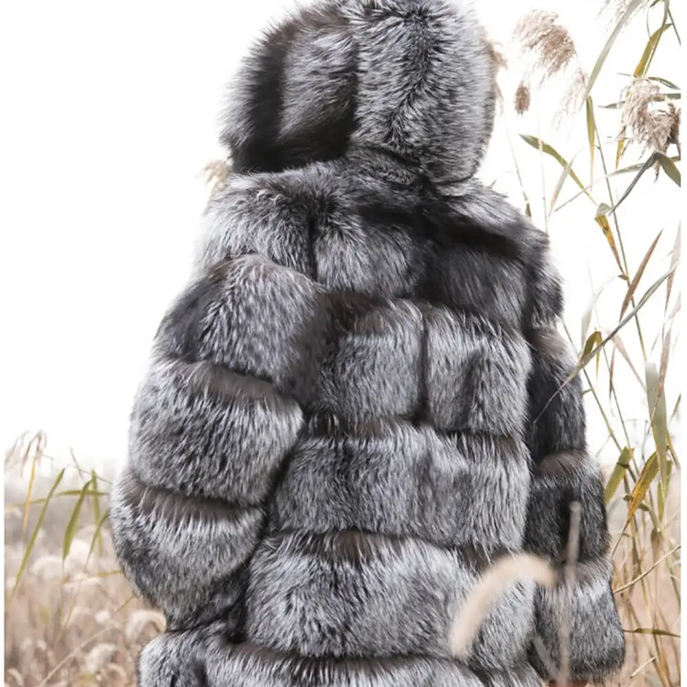 Womens Luxury Real Fox Fur Jacket Fashion Women Outdoor Winter Coat Genuine Fur Hooded Coat With Fur Hood