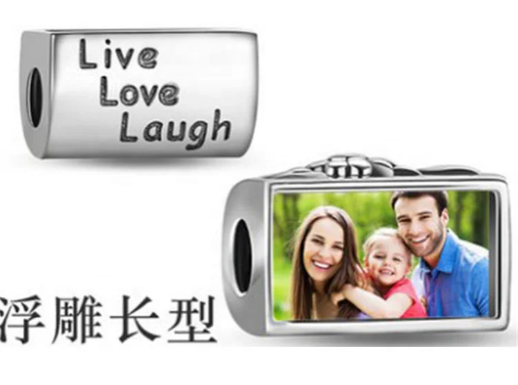 DIY Custom Solid 925 Sterling silver Charm Engraved Live Laugh Love Bead Photo Frame Jewelry