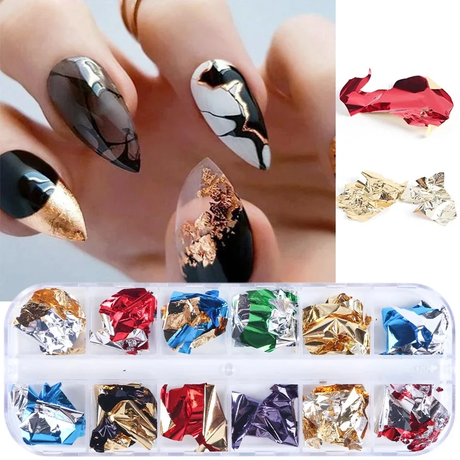 12 Grid Paillette Aluminum Irregular Gold Nail Foil Paper Sequins Pigment Nail Art Decoration Glitter Diy Nail Accessories