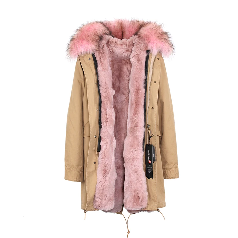 Stylish Ladies Winter Real Rabbit Fur Removable Lining Long Parka With Real Raccoon Fur Collar
