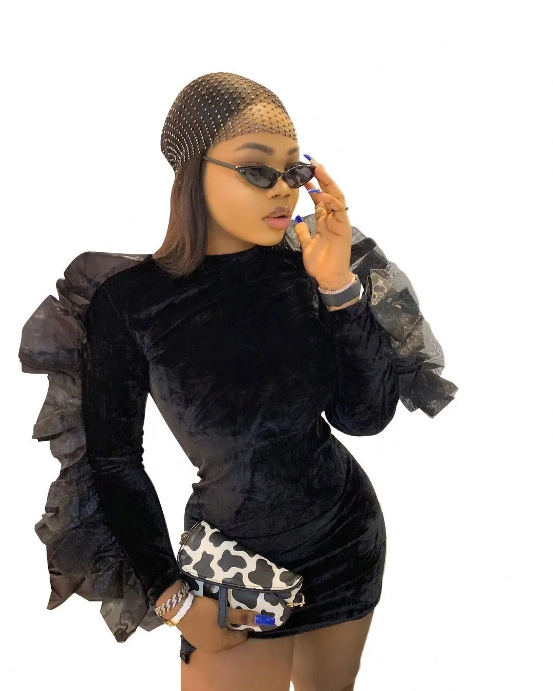 RX  2021 fall o-neck lace mini dress long sleeve black dress velvet women bodycon dresses