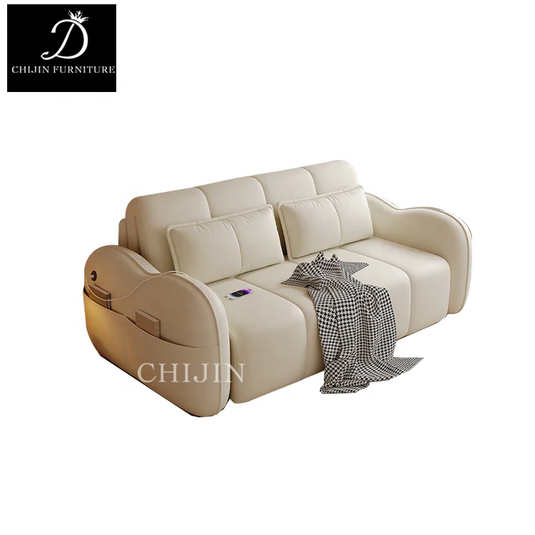 Electric Intelligent Leather Sofa Bed Inline Recliner Dual-Purpose Intelligent Multifunctional Sofa
