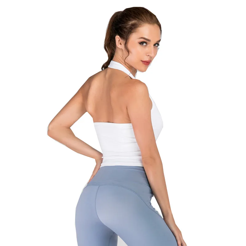 
Hang Neck Show Thin Yoga Vest With Breast Pad Yoga Tank Tops Gathered Shockproof Sexy Workout Tank Top 