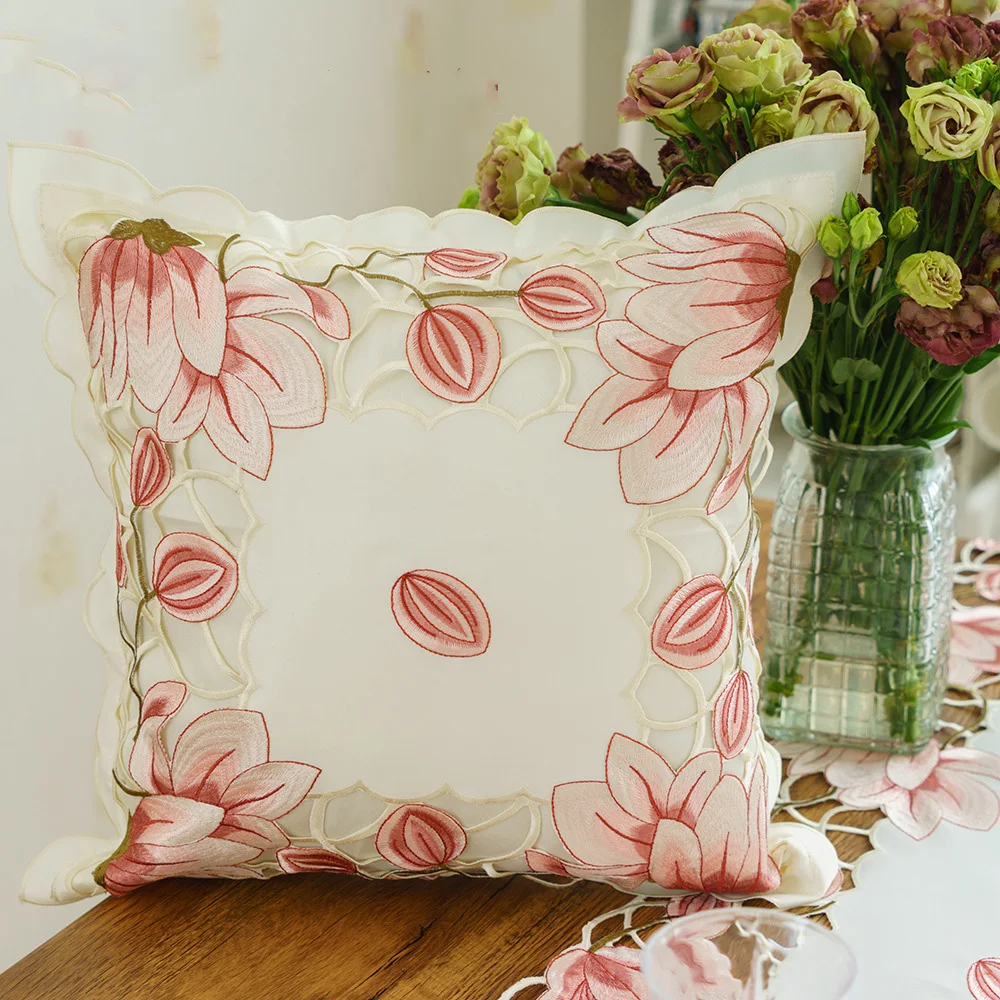 cotton oriental white applique work lace cushion cover